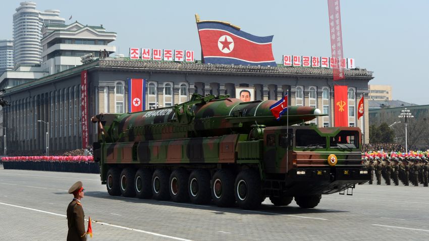 A military vehicle carries what is believed to be a Taepodong-class missile Intermediary Range Ballistic Missile (IRBM), about 20 meters long, during a military parade to mark the 100 birth of the country's founder Kim Il-Sung in Pyongyang on April 15, 2012. The commemorations came just two days after a satellite launch timed to mark the centenary fizzled out embarrassingly when the rocket apparently exploded within minutes of blastoff and plunged into the sea.    AFP PHOTO / PEDRO UGARTE (Photo credit should read PEDRO UGARTE/AFP/Getty Images)