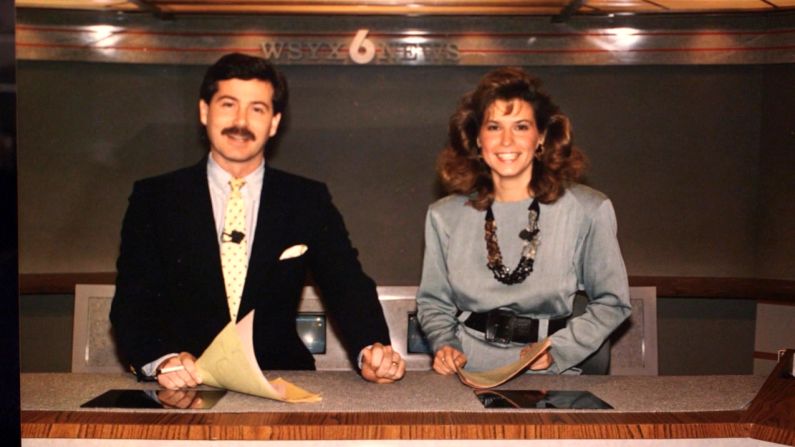 Costello is shown with a Channel 6 crew member in field. Four months after being hired as a reporter for WSYX-TV, she was promoted to weekend co-anchor. The 26-year-old shared the spotlight with Bill Martin.