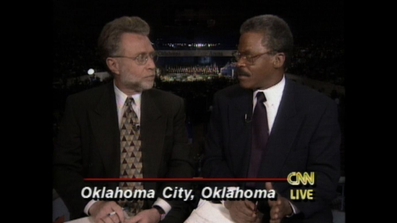 CNN's Bernard Shaw with Wolf Blitzer, reporting on the Oklahoma City bombing. "I remember vividly when we went to Oklahoma City in 1995 after the bombing of the federal office building there. He anchored our special coverage around President Clinton's participation in the memorial service. I joined him to report and provide analysis."