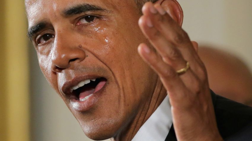 WASHINGTON, DC - JANUARY 05:  With tears running down his cheeks, U.S. President Barack Obama talks about the victims of the 2012 Sandy Hook Elementary School shooting and about his efforts to increase federal gun control in the East Room of the White House January 5, 2016 in Washington, DC. Without approval from Congress, Obama is sidestepping the legislative process with executive actions to expand background checks for some firearm purchases and step up federal enforcement of existing gun laws.  (Photo by Chip Somodevilla/Getty Images)