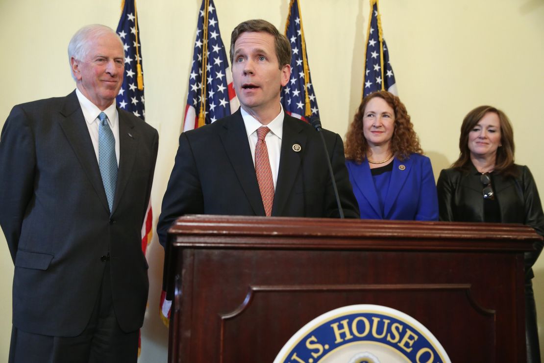 Rep. Mike Thompson (D-CA), Rep. Bob Dold (R-IL), Rep. Elizabeth Esty (D-CT) and Rep. Kathleen Rice (D-NY) hold a news conference about new legislation to enforce background checks for gun purchases in the Canon House Office Building on Capitol Hill March 4, 2015 in Washington, D.C.