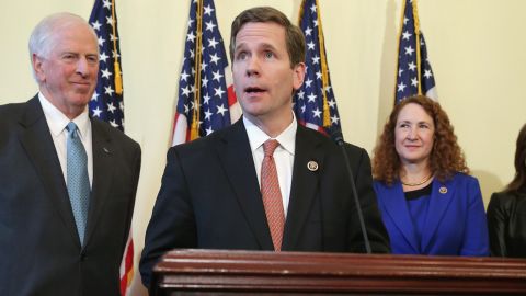 Rep. Mike Thompson (D-CA), Rep. Bob Dold (R-IL), Rep. Elizabeth Esty (D-CT) and Rep. Kathleen Rice (D-NY) hold a news conference about new legislation to enforce background checks for gun purchases in the Canon House Office Building on Capitol Hill March 4, 2015 in Washington, D.C.