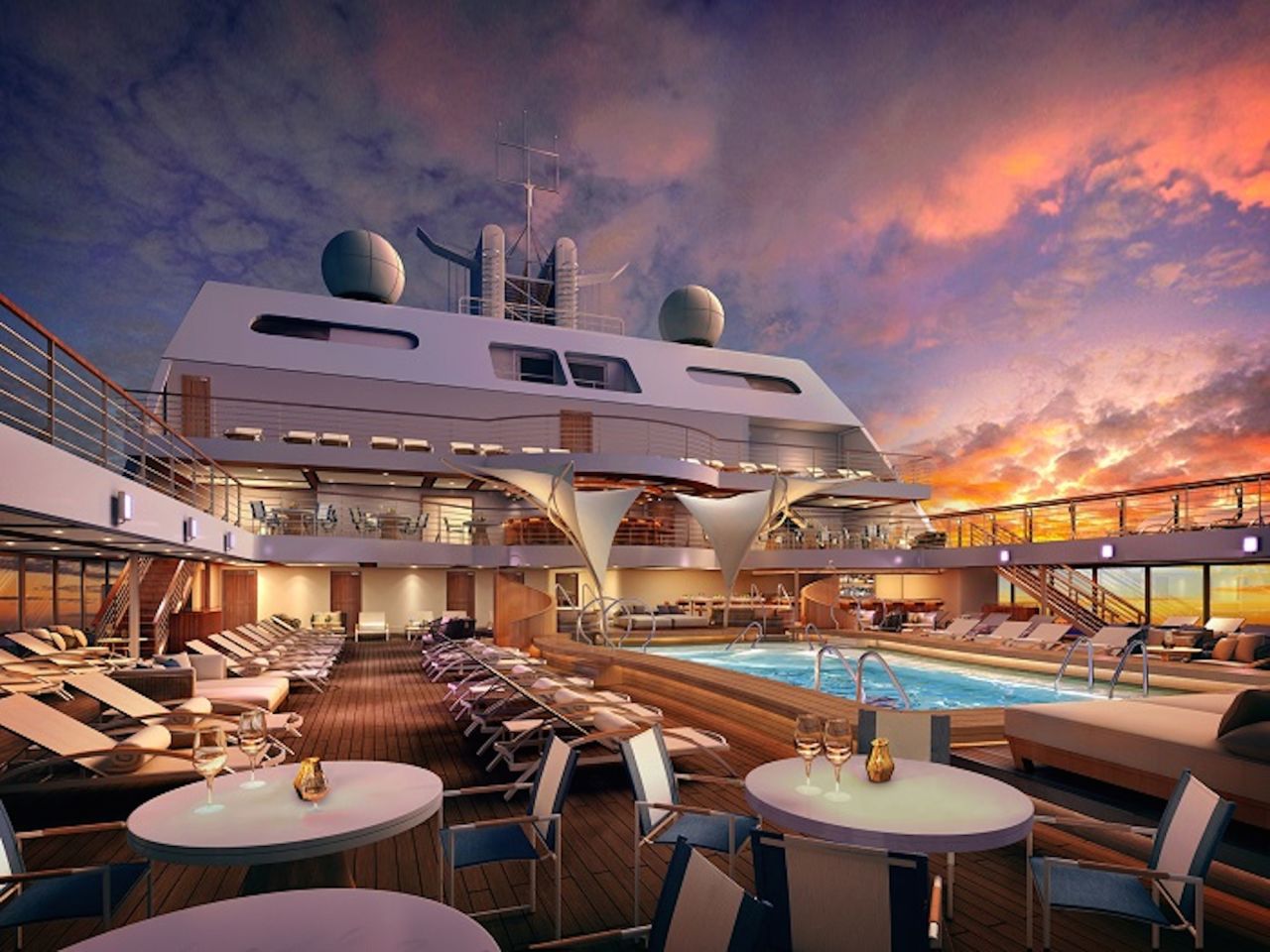 Carrying just 600 guests, this 12-level ship will have 300 opulent suites (each with a private veranda) and visits ports nestled in tight spots the big ships can't access. It begins sailing in December 2016, leaving port in Greece before making its way through the Middle East and Asia.