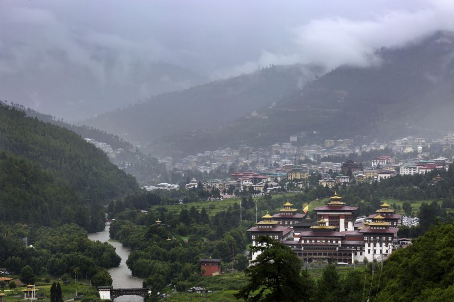 Tashichho Dzong (right) is a focal point in Bhutan's capital city of Thimphu. It's the main secretariat building and houses the offices of the king. 