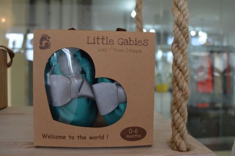 A pair of baby shoes made from leather on sale at Little Gabies. The boutique caters for children aged 0-2.
