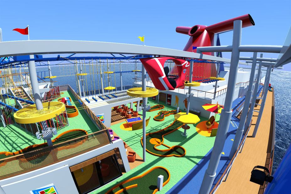 The Carnival Vista launches in May 2016 in the Mediterranean then will homeport in Miami, Florida. Attractions will include a "SkyRide" -- the cruise industry's "first pedal-powered, aerial attraction." 