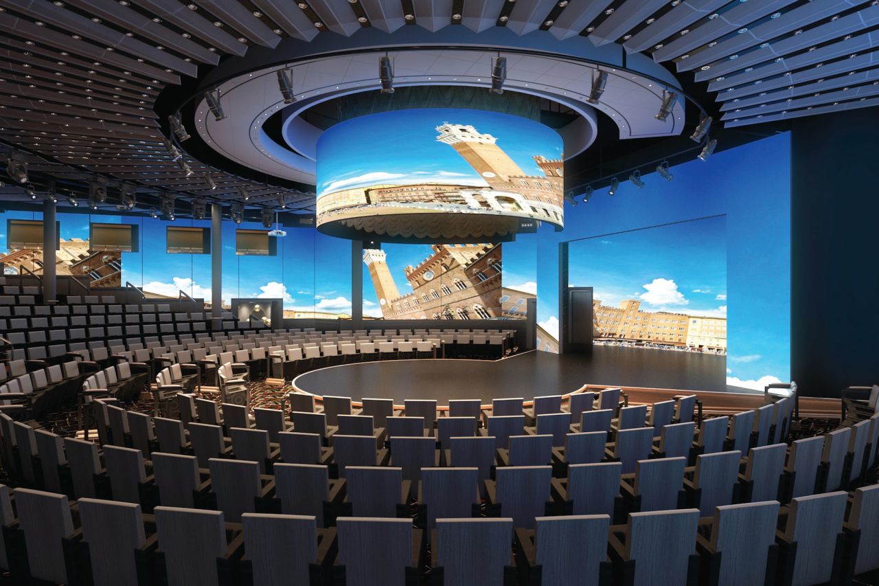 Holland America's ms Koningsdam, which will hold about 2,650 guests, departs Italy in April 2016 and will sail the Mediterranean. The ship's World Stage, pictured, will feature a 270-degree LED screen and host various musical and theatrical performances.