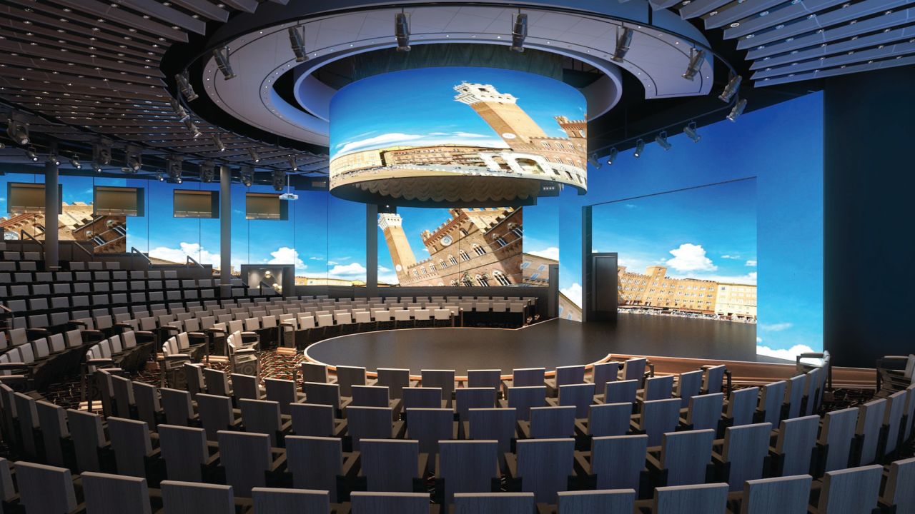 Ms Koningsdam's World Stage, pictured, will feature a 270-degree LED screen.