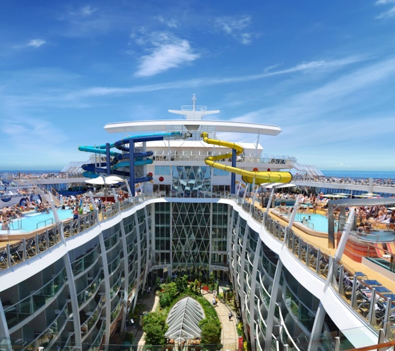 Stretching 1,187 feet, Royal Caribbean's Harmony of the Seas will soon be the largest ship sailing the globe. Along with towering water slides are water cannons, a drench bucket, multi-platform jungle gym, two climbing walls, a zip line and ice skating rink.  