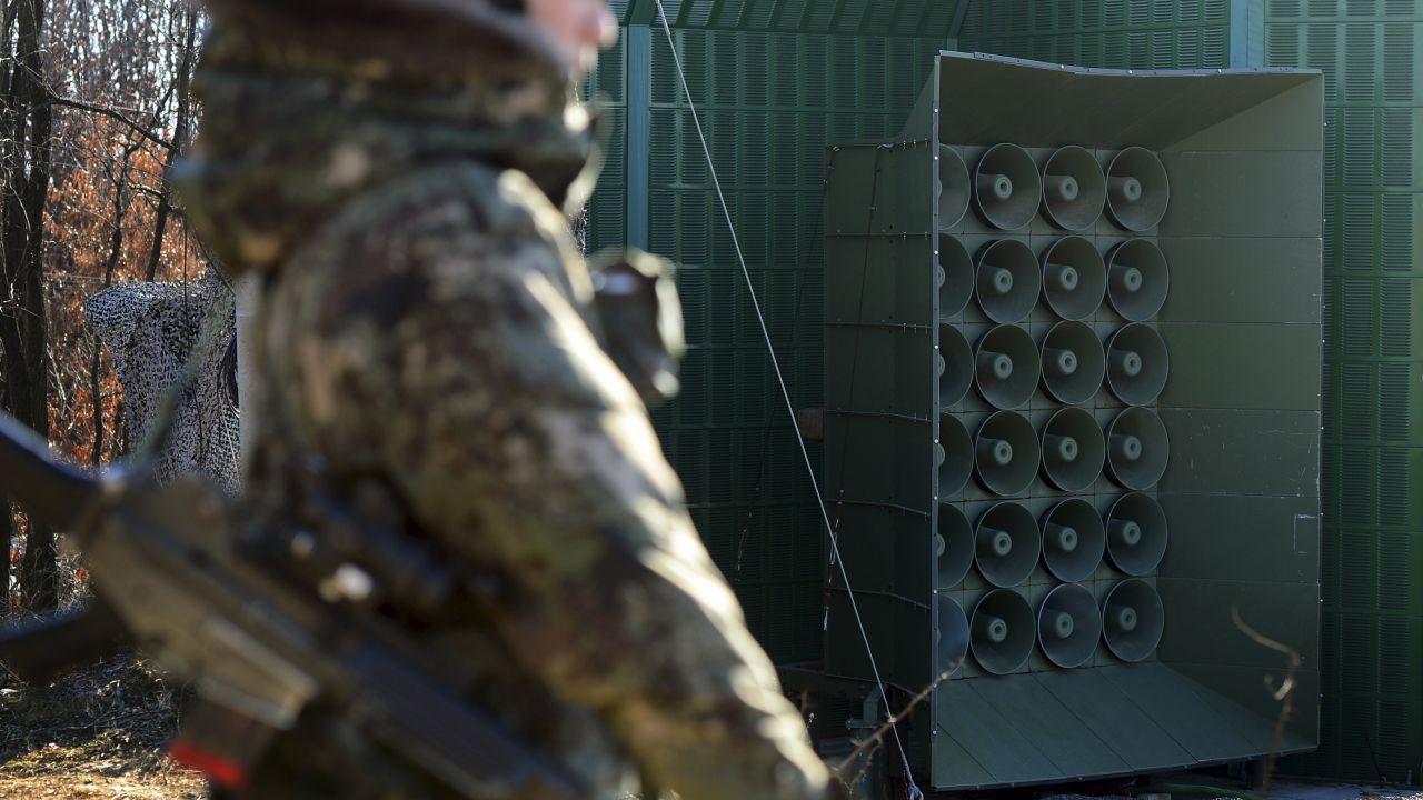 A South Korean soldier stands near the loudspeakers near the border area between South Korea and North Korea in Yeoncheon, South Korea, Friday.