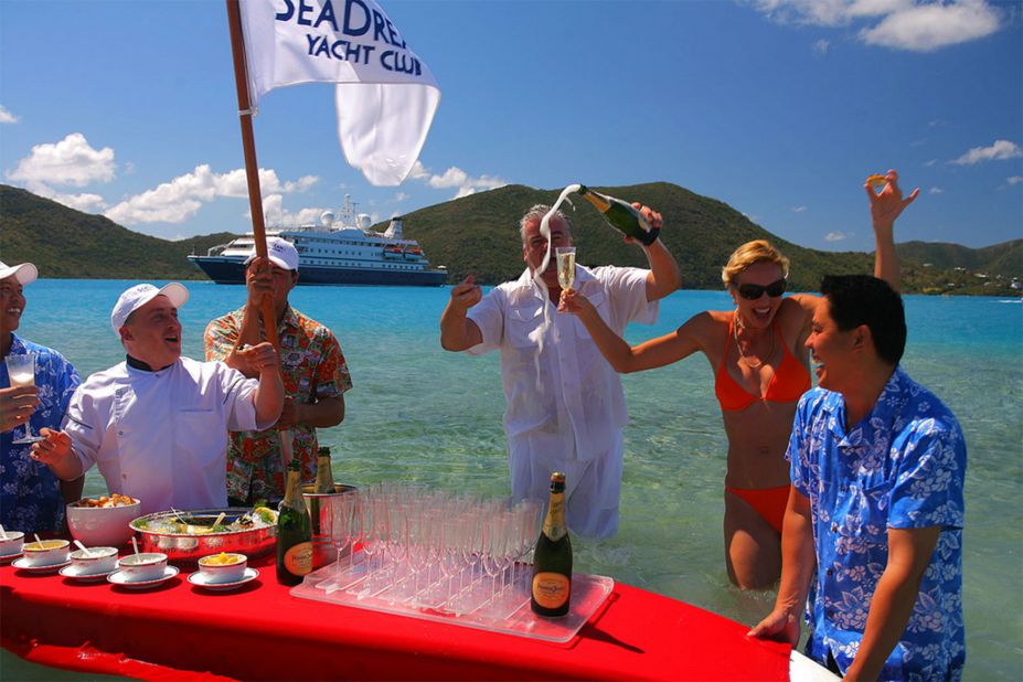 Less of a cruise, more of a luxury yachting experience, SeaDream offers its guests a sumptuous farewell beachside barbecue. The meat is served poolside on bone china while guests can fill up on caviar and champagne served on a surfboard.