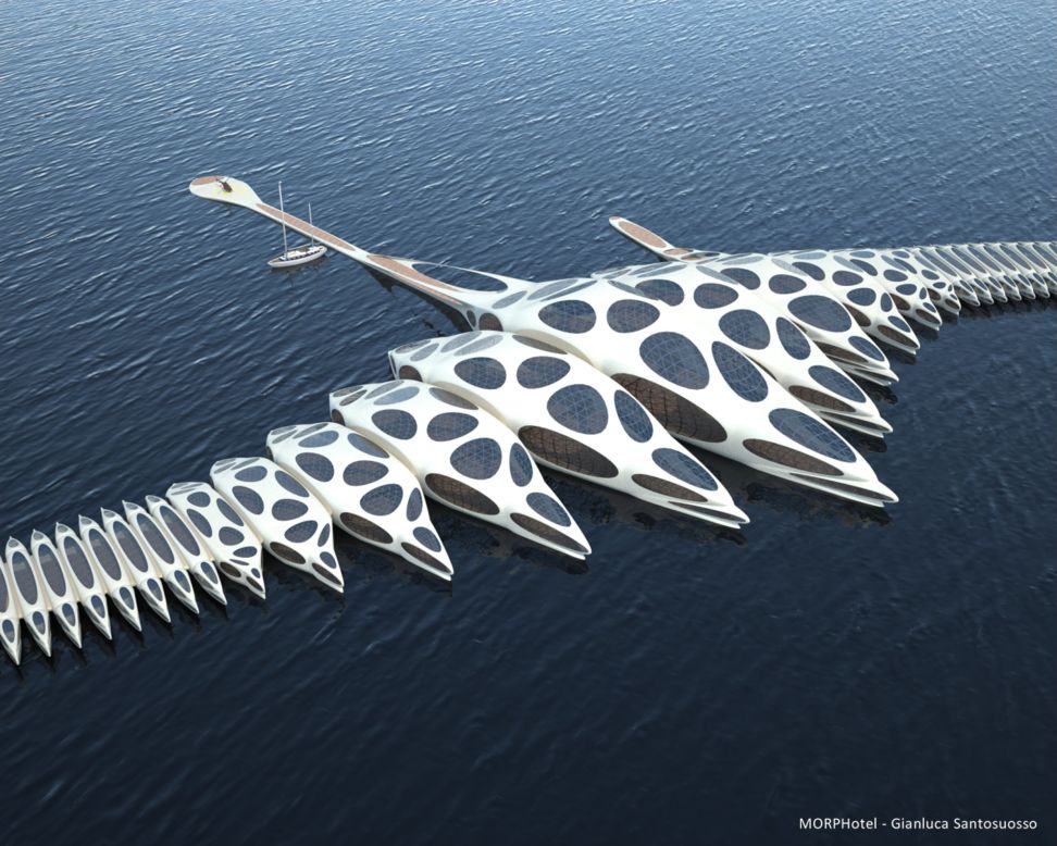 Designed by engineer and architect Gianluca Santosuosso, the MORPHotel project aims to develop a new luxury hotel concept. The hotel's "vertebral spine" allows it to adapt its shape according to weather conditions and its docking location.