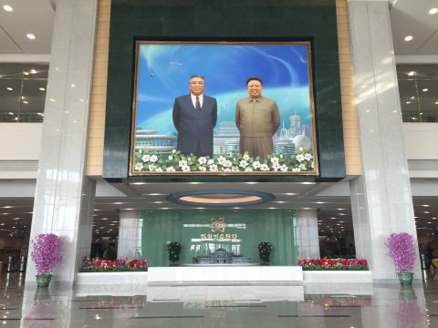 A giant portrait of late North Korean dictators Kim Il Sung and Kim Jong Il. 