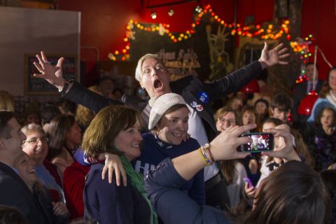 Around 200 people crowded into a New Hampshire restaurant in January to see retired soccer star Abby Wambach (arms outstretched) and actress Lena Dunham (wearing the hat). Both <a href="http://www.cnn.com/2016/01/08/politics/hillary-clinton-lena-dunham-abby-wambach/" target="_blank">endorsed Hillary Clinton.</a> <br /><br />"I'm embarrassed to say this, but it took me far too long to start voting," Dunham told the crowd. "I had been of legal age for more than four years before I cast my first vote in the 2008 presidential election. It's not that I didn't care, but I didn't believe that me caring mattered. It was impossible for me to comprehend that one young woman checking a box after waiting in a long line could matter on a national level."