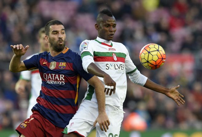 Barcelona's new midfield signing Arda Turan (R) provided the assist for Messi's first goal.