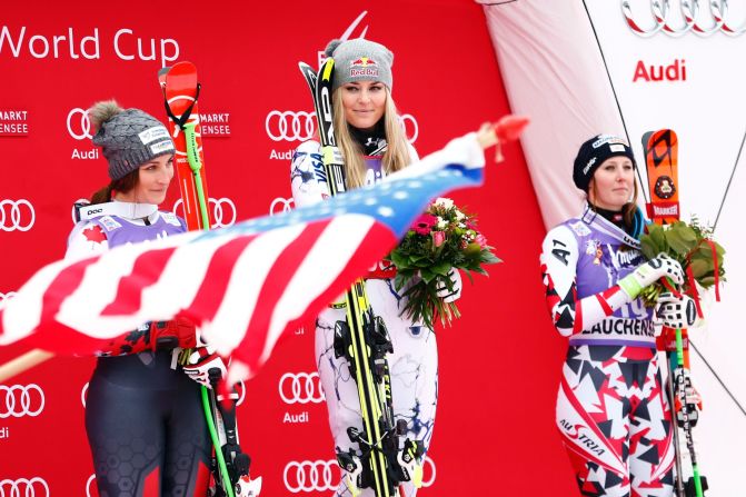 Vonn stands proudly atop the podium in Zauchensee and will be looking to add to her overall race win record in Sunday's super-G at the same venue.