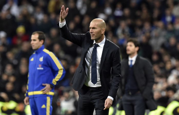 French coach Zinedine Zidane gestures during the Spanish La Liga match between Real Madrid and Deportivo La Coruna at the Santiago Bernabeu.