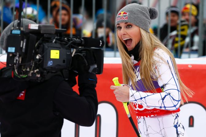 Never camera shy. Lindsey Vonn reacts to clinching her 73rd World Cup win with a super-G success at Altenmarkt-Zauchensee in Austria following on from her downhill win the day before.