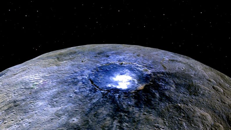 Ceres has <a  target="_blank" target="_blank">more than 130 bright spots</a>, according to NASA. This false color image shows one of spots -- this one in a crater called Occator. Scientists say the substance appears to be a type of magnesium sulfate called hexahydrite. Scientists use false color to help study differences in surface materials, NASA says.