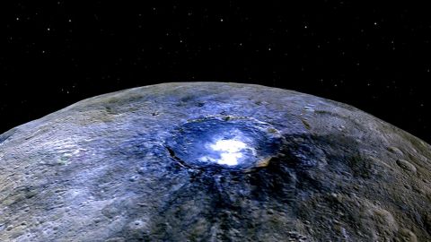 Ceres has <a href="https://www.nasa.gov/feature/jpl/dawn/new-clues-to-ceres-bright-spots-and-origins" target="_blank" target="_blank">more than 130 bright spots</a>, according to NASA. This false color image shows one of spots -- this one in a crater called Occator. Scientists say the substance appears to be a type of magnesium sulfate called hexahydrite. Scientists use false color to help study differences in surface materials, NASA says.