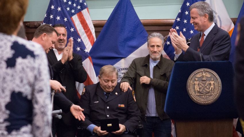 Mayor Bill de Blasio awards the Key to the City to former FDNY firefighter and long-time Zadroga advocate Ray Pfeifer during a Zadroga Act celebration at City Hall on Saturday, January 9. The event was attended by Mr. Pfeifer's family, comedian Jon Stewart, FDNY Commissioner Daniel Nigro, Congressmen Jerrold Nadler and Peter King, Manhattan Borough President Gale Brewer and other invited guests. 
