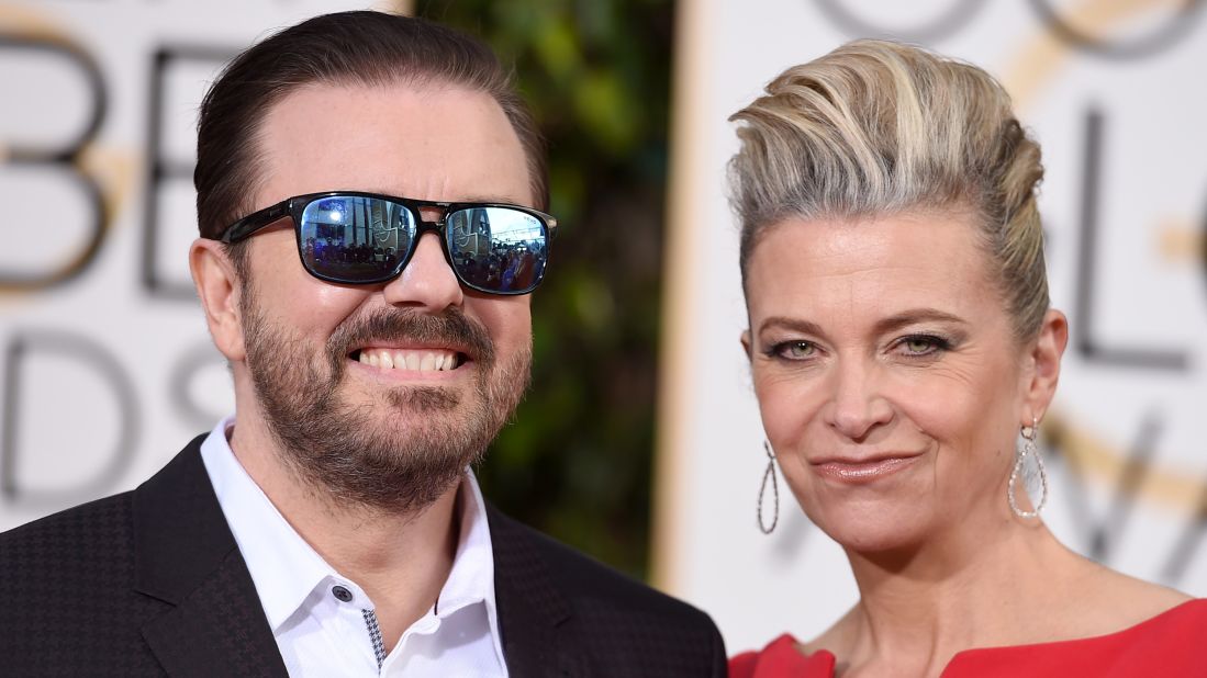 Host Ricky Gervais and his girlfriend, Jane Fallon