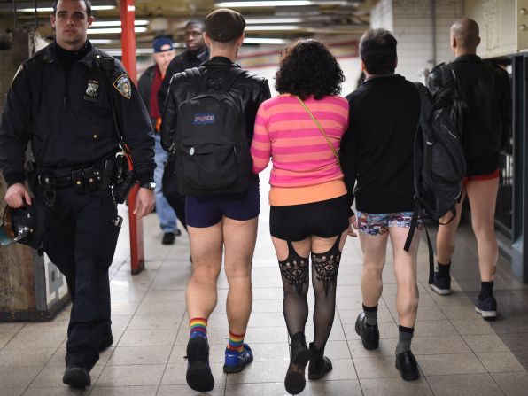 People in New York City participate in the "No Pants Subway Ride" on Sunday, January 10. The annual event, <a href="http://improveverywhere.com/missions/the-no-pants-subway-ride/" target="_blank" target="_blank">started in 2002 by Improv Everywhere</a> in New York, has spread to other cities across the globe. People ride the subway dressed in normal winter clothes without pants -- all while keeping a straight face. 