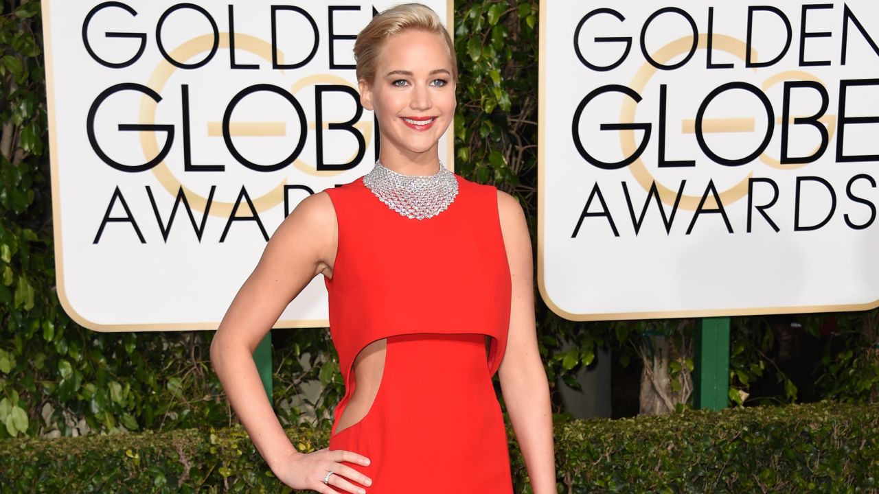 Jennifer Lawrence poses on the red carpet before the 73rd annual Golden Globe Awards on Sunday, January 10.