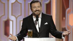 BEVERLY HILLS, CA - JANUARY 10:  In this handout photo provided by NBCUniversal,  Host Ricky Gervais speaks onstage during the 73rd Annual Golden Globe Awards at The Beverly Hilton Hotel on January 10, 2016 in Beverly Hills, California.  (Photo by Paul Drinkwater/NBCUniversal via Getty Images)
