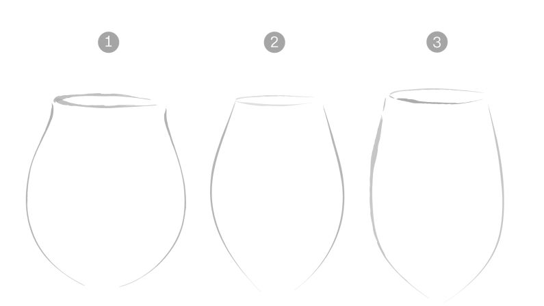 In glass one, the slight lift of the rim outwards forces the drinker to purse their lips tighter to drink the liquid, meaning the water reaches the front of the tongue. Glass two requires the drinker to tilt their head farther back, as the glass opening curves inward. The water falls mainly to the back of the palate. Glass three, more neutral in form, allows for a wide gulp, meaning the liquid hits all parts of the tongue. The exercise demonstrates how a glass can change the way its liquid flows into your mouth. 