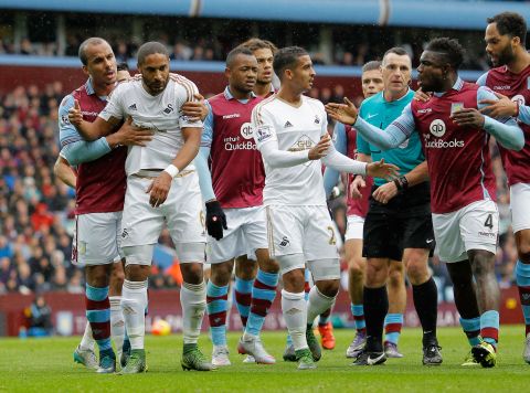 With points in short supply, tempers have frayed. In this image, players separate Richards and Swansea's Ashley Williams during Villa's October defeat. 
