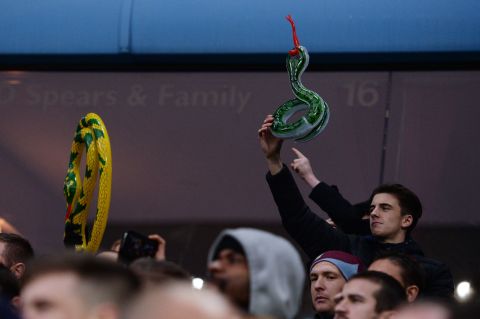Villa fans hold up inflatable snakes during a match against Manchester City. The gesture is in reference to Fabian Delph, the former Villa captain who left to join City ahead of the 2015-16 season. The England international professed his loyalty to Villa and turned down a move to City before performing a dramatic U-turn and signing for the 2014 EPL champion days later.