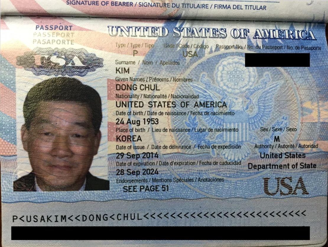 A U.S. passport for Kim Dong Chul provided to CNN by North Korean officials.