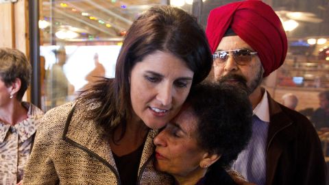 Haley hugs her mother Raj Randhawa after speaking to voters at Hudson's Smokehouse on November 3, 2010.  Haley became the first Indian-American governor of South Carolina when she defeated incumbent Democrat Vincent Sheen. 