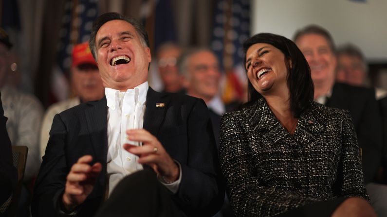 Former Massachusetts Gov. Mitt Romney and Haley laugh during a rally on January 13, 2012, on Hilton Head Island, South Carolina. 