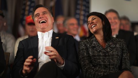Former Massachusetts Gov. Mitt Romney and Haley laugh during a rally on January 13, 2012 on Hilton Head Island, South Carolina. 