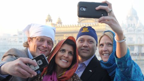 Haley and her husband taking a selfie at the Golden Temple in Amritsar, India on November 15, 2014. 
