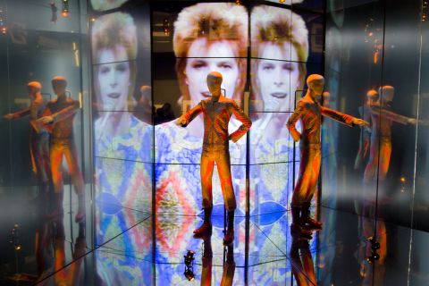 Bowie wore this "Starman" costume for his appearance in "Top of the Pops" in 1972. It was featured in the "David Bowie is" exhibition in Victoria and Albert (V&A) Museum in London in 2013. It is one of 300 objects from the exhibit. 