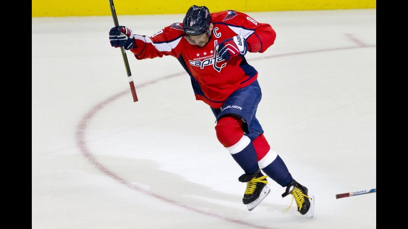 Alexander Ovechkin celebrates after scoring his 500th NHL goal during a game in Washington on Sunday, January 10. Only 43 players have ever scored 500 goals in their NHL careers, and Ovechkin is the first Russian player to reach the milestone.