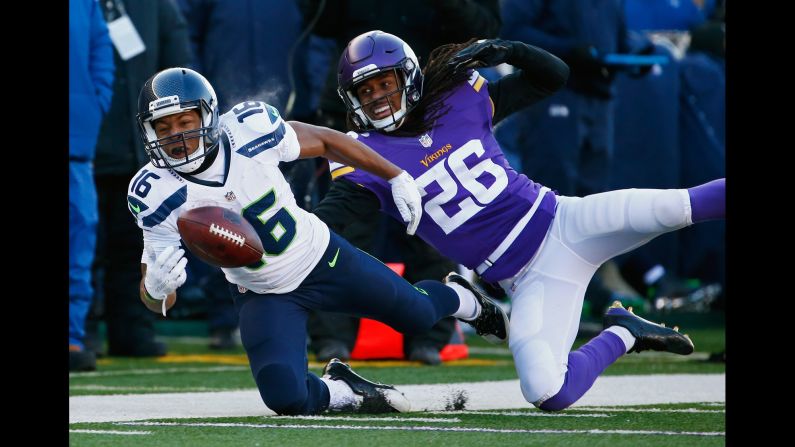 Seattle wide receiver Tyler Lockett, left, is unable to catch a pass as he's defended by Minnesota's Trae Waynes on Sunday, January 10. Seattle would win the playoff game 10-9 after Minnesota kicker Blair Walsh missed a 27-yard field goal late in the fourth quarter.