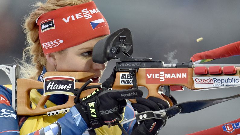 Czech biathlete Gabriela Soukalova looks down the sights of her gun during a World Cup race in Ruhpolding, Germany, on Saturday, January 9. She finished second in the women's pursuit.