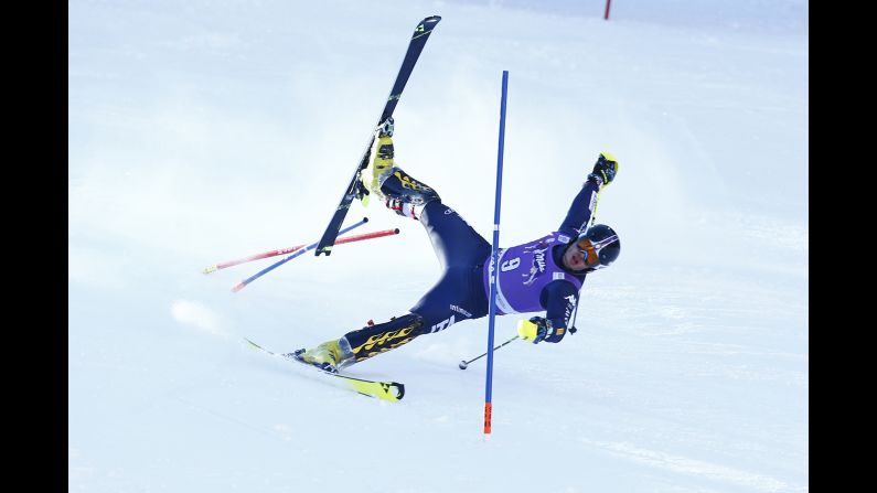Italian skier Giuliano Razzoli loses his balance Wednesday, January 6, during a World Cup slalom race in Santa Caterina Valfurva, Italy.
