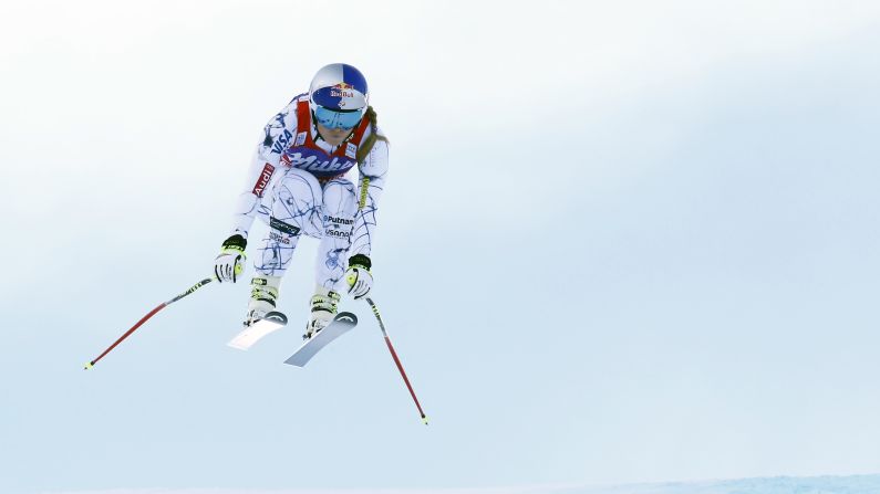 American skier Lindsey Vonn tucks her body during a World Cup race in Altenmarkt-Zauchensee, Austria, on Saturday, January 9. It was her 36th downhill title, tying the record set by Annemarie Moser-Proell.