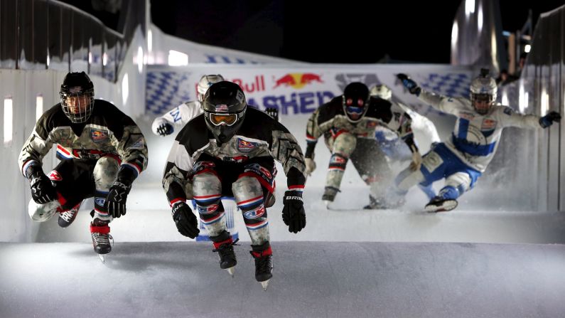 Skaters race downhill during the Red Bull Crashed Ice event in Munich, Germany, on Friday, January 8.