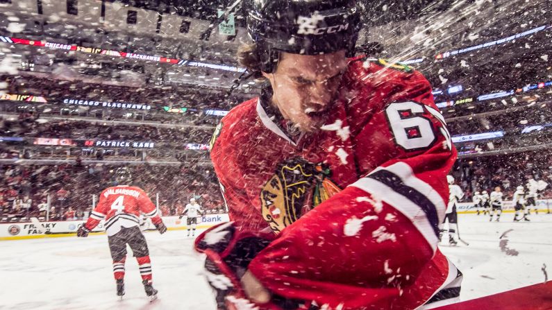 Chicago's Andrew Shaw is sprayed with water prior to an NHL game against Pittsburgh on Wednesday, January 6.