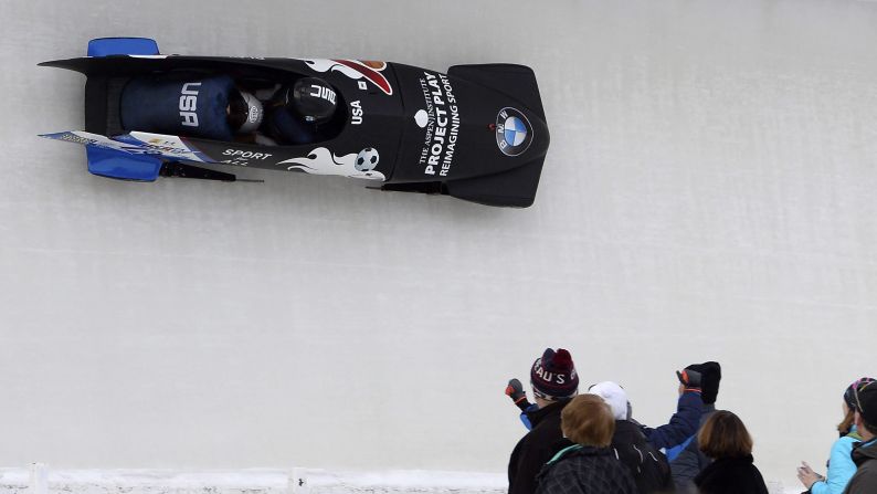American bobsledders Brittany Reinbolt and Bonnie Kilis compete at a World Cup event in Lake Placid, New York, on Friday, January 8.