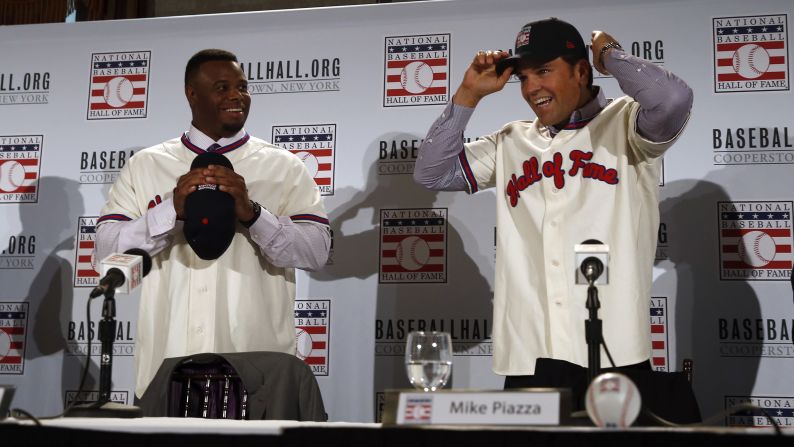 Ken Griffey Jr., left, and Mike Piazza arrive for a news conference in New York on Thursday, January 7, a day after they <a href="index.php?page=&url=http%3A%2F%2Fbleacherreport.com%2Farticles%2F2605588-2016-bbwaa-hall-of-fame-election-results-announced" target="_blank" target="_blank">were elected to the Baseball Hall of Fame.</a> Griffey received the highest percentage of Hall of Fame votes in history -- 99.3%.