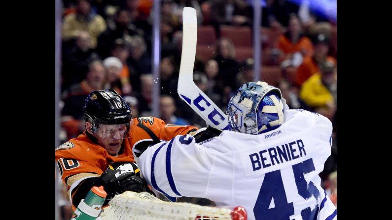 Toronto goalie Jonathan Bernier mixes it up with Anaheim's Corey Perry during an NHL game in Anaheim, California, on Wednesday, January 6.