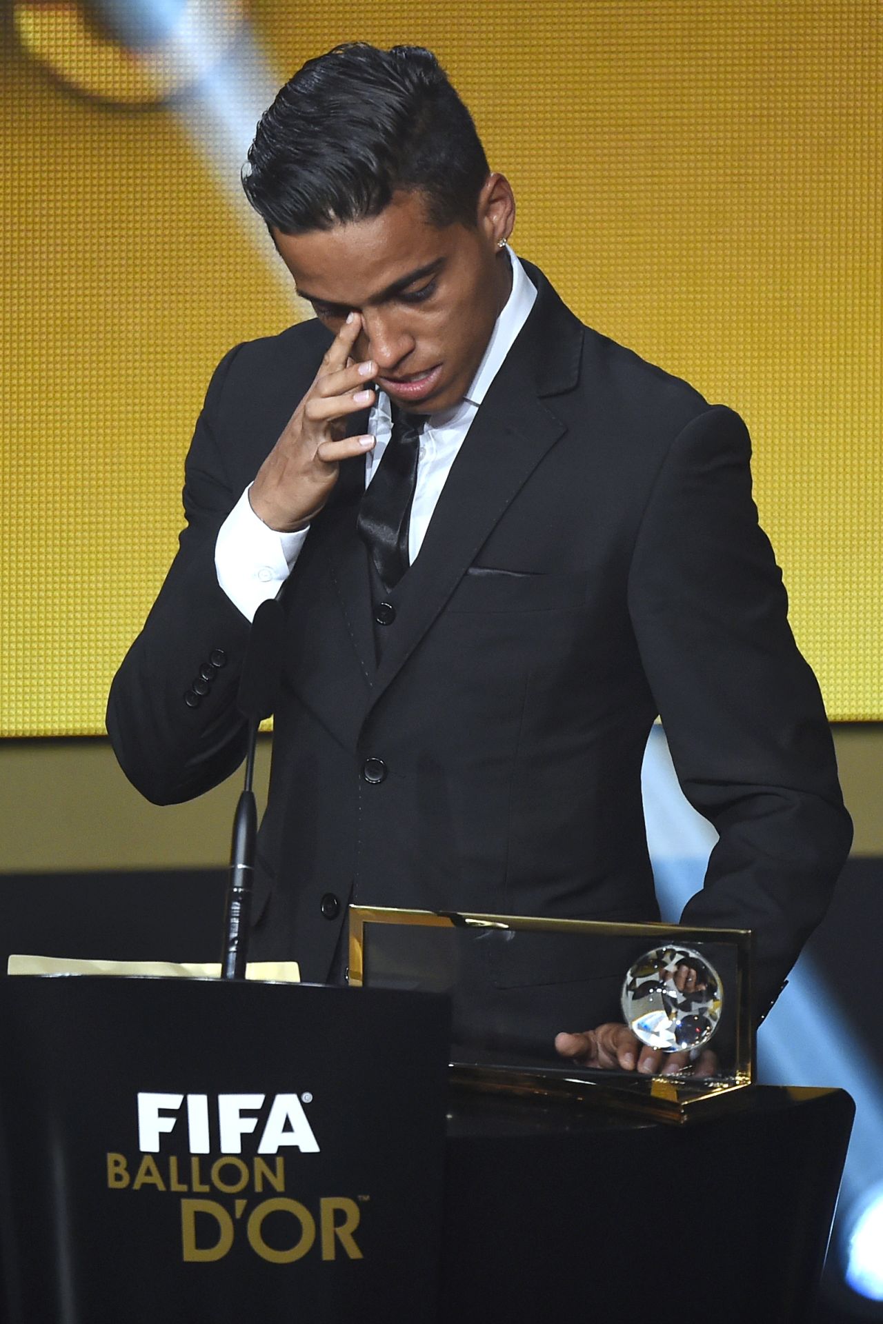 As an emotional Lloyd would do later in the evening, Brazilian striker Wendell Lira broke down in tears after winning the Puskas Award for best goal of the year. His acrobatic overhead kick beat efforts by Messi and Roma's Alessandro Florenzi.