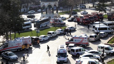 Ambulances and fire trucks gather near the site of the attack.